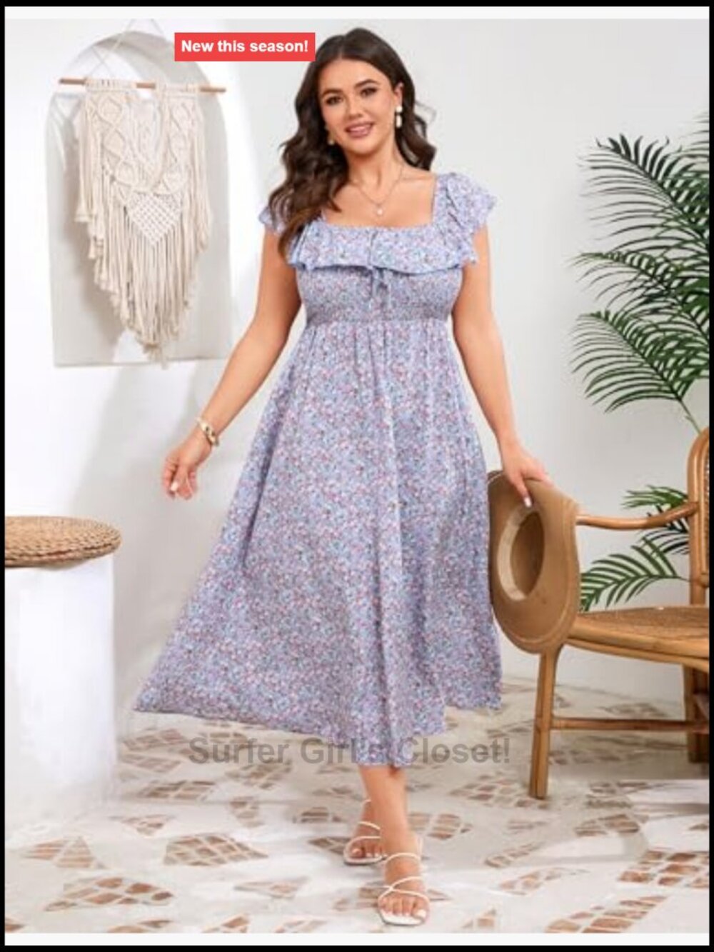 Plus Size Floral Midi Dress Square Neck Smocked Ruffle Sleeve Summer Casual - Picture 2 of 6
